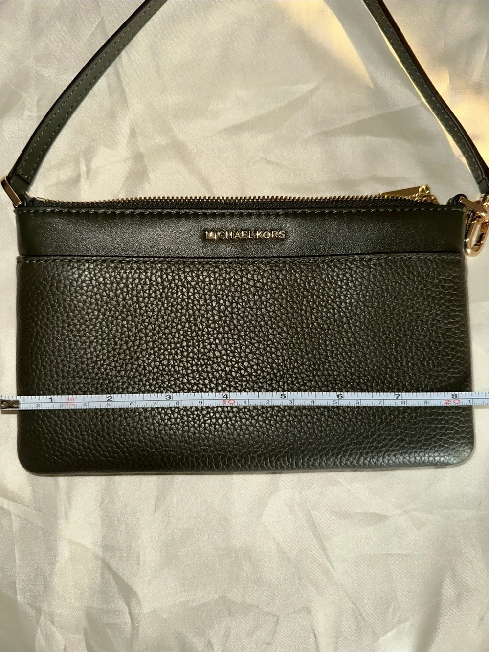 Michael Kors Large Dark Green Pebbled Leather Wristlet Clutch with Two Way Strap